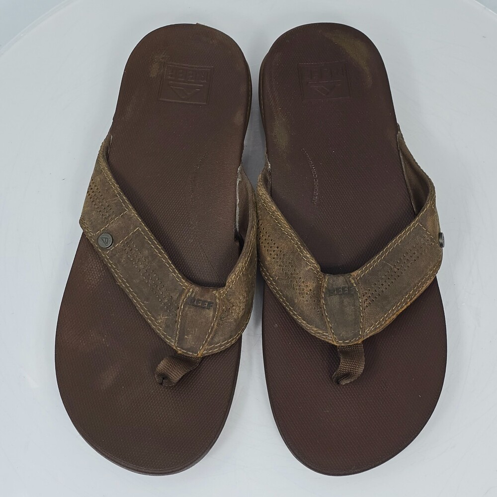 Reef Cushion Lux Men 13 Brown Leather Thong Slip-On Sandals Flip Flops
